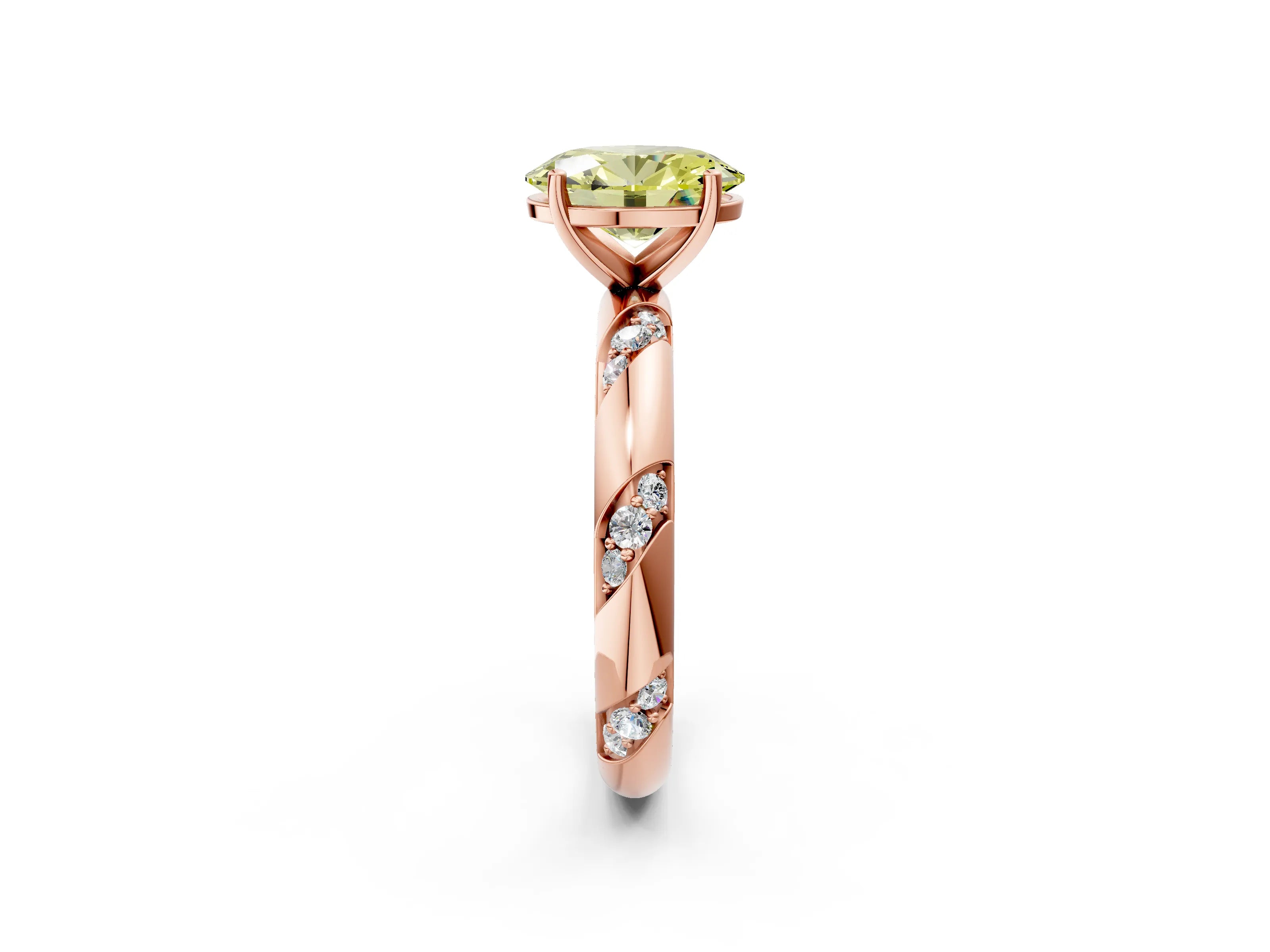Rose gold Fancy Yellow Oval Cut Solitaire Diamond Engagement Ring with Twisted Pave Band and Four-Prong Setting_5