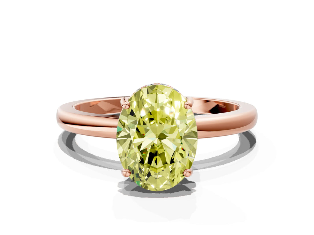Rose gold Fancy Yellow Oval Cut Solitaire Diamond Ring with Prong Setting and Plain Band