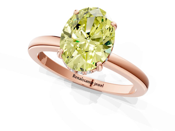 Rose gold Fancy Yellow Oval Cut Solitaire Diamond Ring with Prong Setting and Plain Band