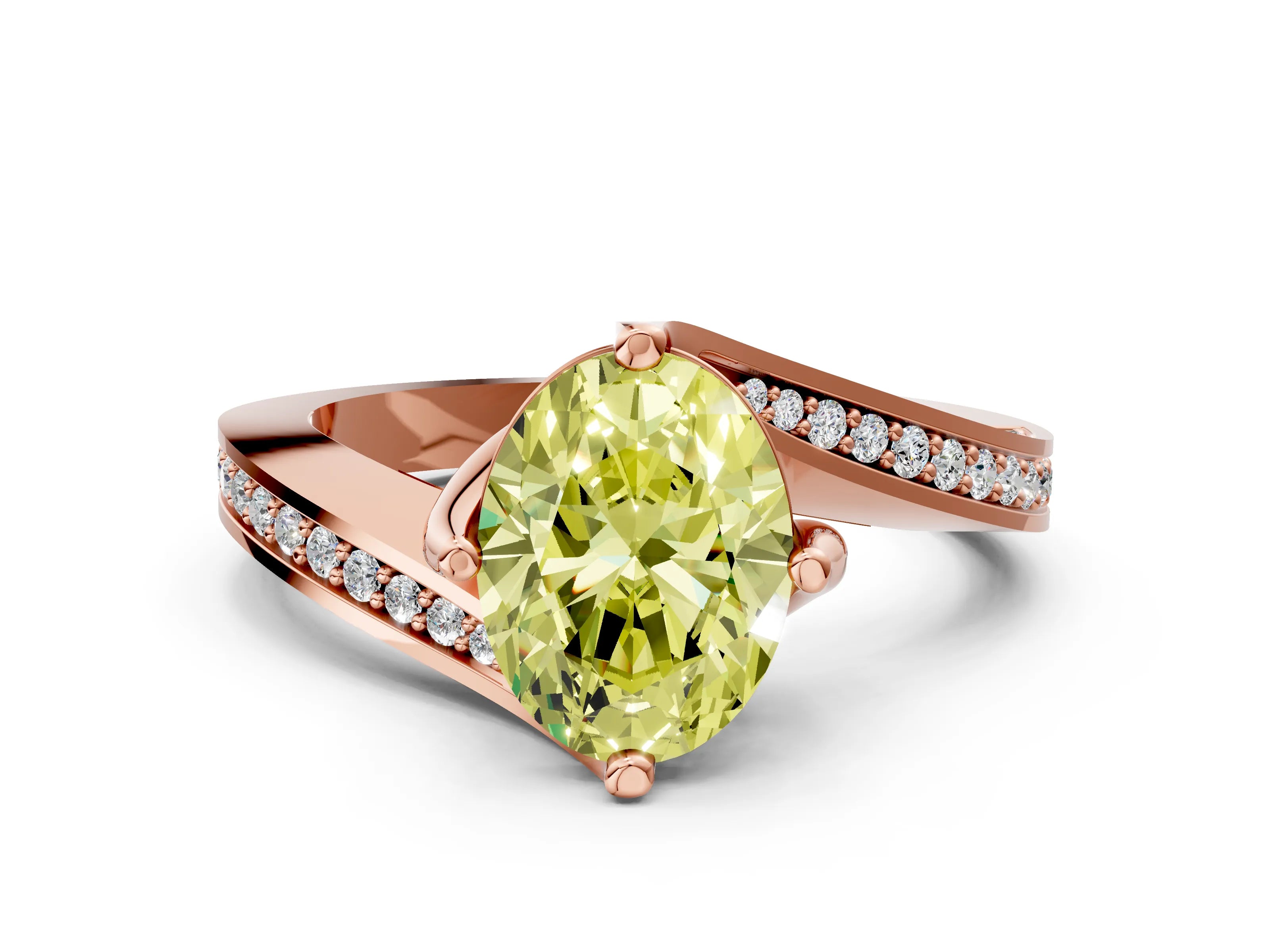 Rose gold Fancy Yellow Oval Cut Solitaire Diamond Twist Band with Pavé Setting and Four-Prong Setting