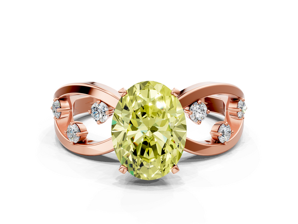 Rose gold Fancy Yellow Oval  Cut Solitaire Diamond with Side Stones on Criss-Cross Band and Four-Prong Setting