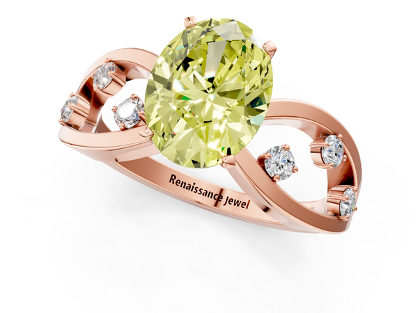 Rose gold Fancy Yellow Oval  Cut Solitaire Diamond with Side Stones on Criss-Cross Band and Four-Prong Setting