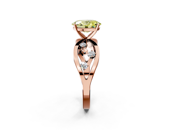 Rose gold Fancy Yellow Oval  Cut Solitaire Diamond with Side Stones on Criss-Cross Band and Four-Prong Setting