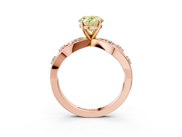 Rose gold Fancy Yellow Oval  Cut Solitaire Diamond with Side Stones on Criss-Cross Band and Four-Prong Setting