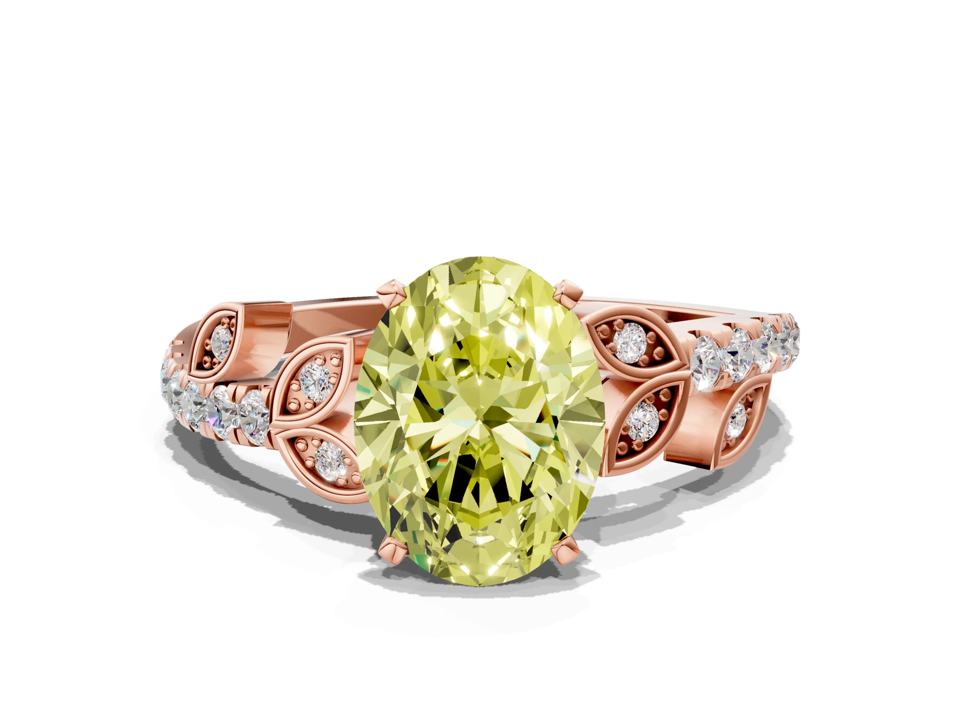 Rose gold Fancy Yellow Oval Cut Solitaire Leaf-Inspired Diamond Ring with Pavé Band and Four-Prong Setting