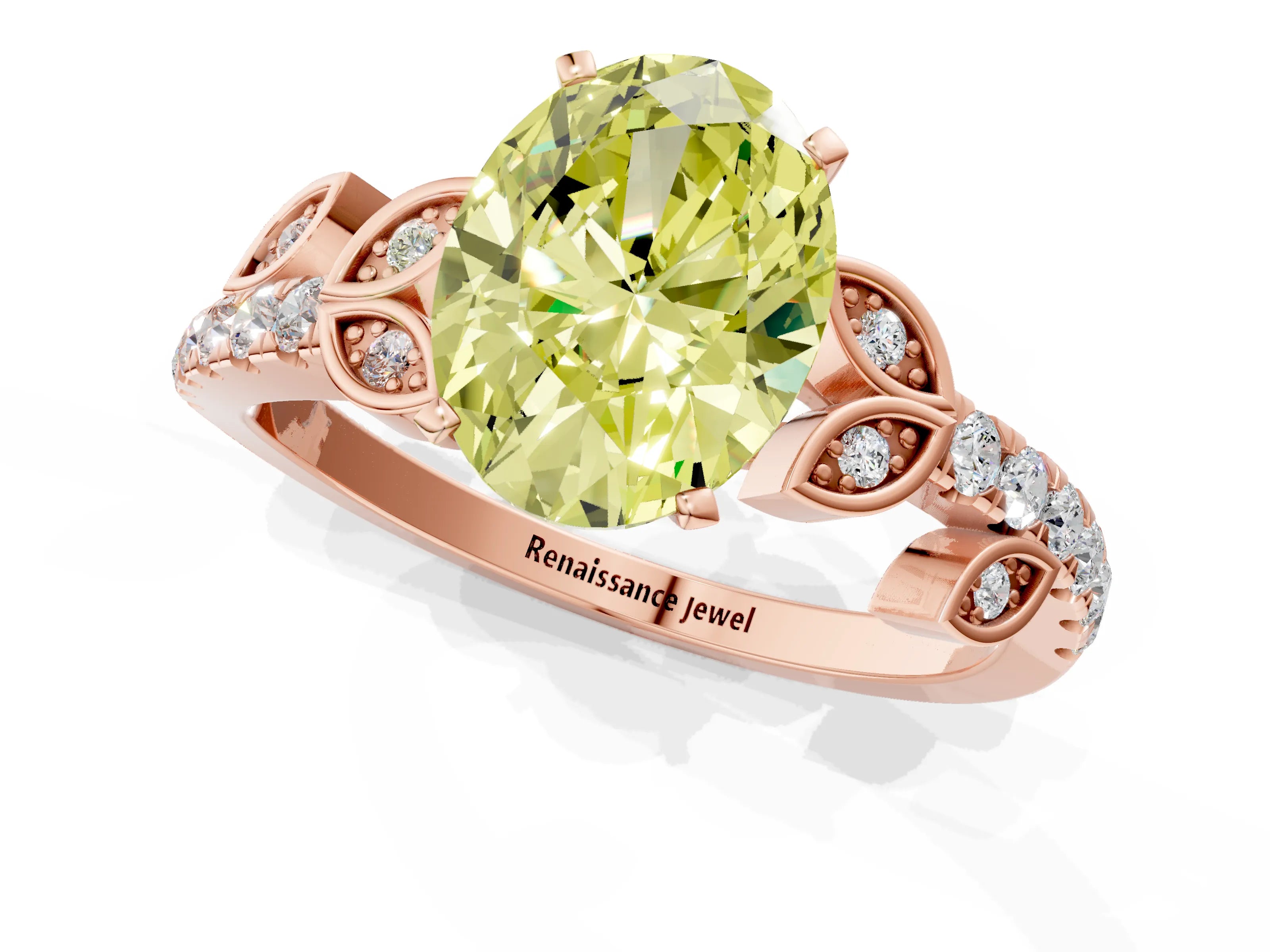Rose gold Fancy Yellow Oval Cut Solitaire Leaf-Inspired Diamond Ring with Pavé Band and Four-Prong Setting_1