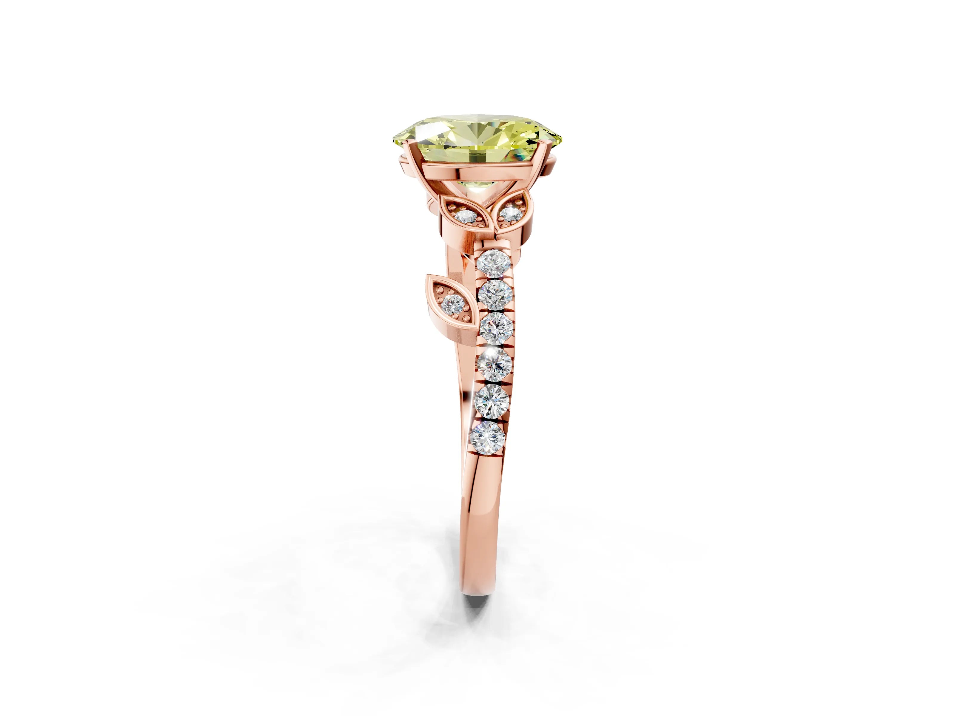 Rose gold Fancy Yellow Oval Cut Solitaire Leaf-Inspired Diamond Ring with Pavé Band and Four-Prong Setting_2
