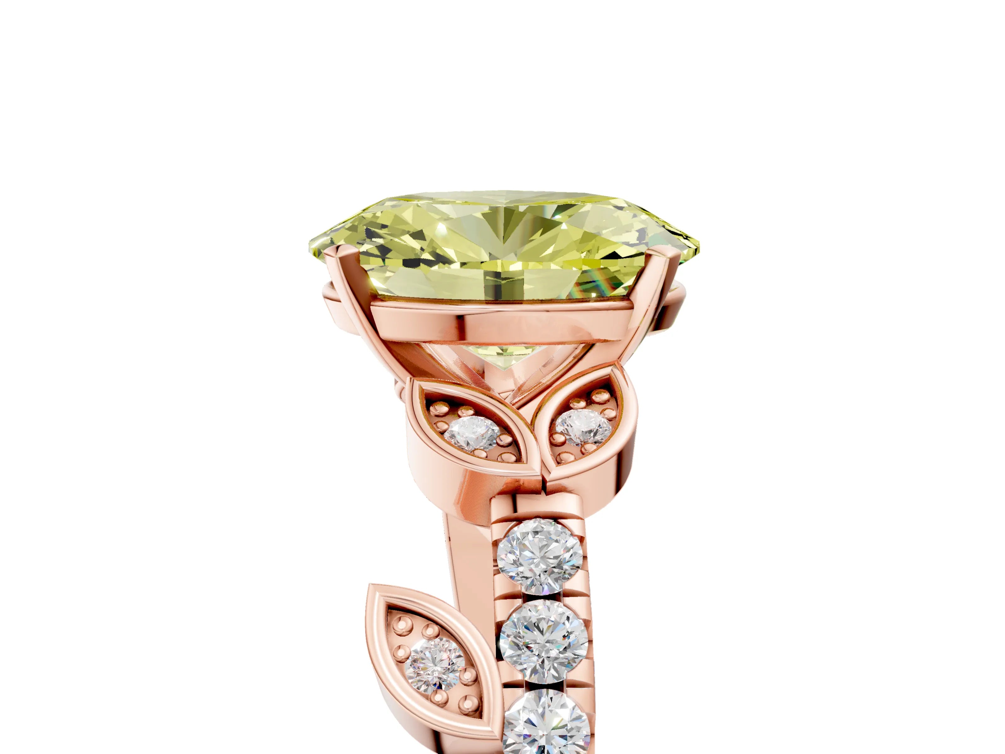 Rose gold Fancy Yellow Oval Cut Solitaire Leaf-Inspired Diamond Ring with Pavé Band and Four-Prong Setting_5