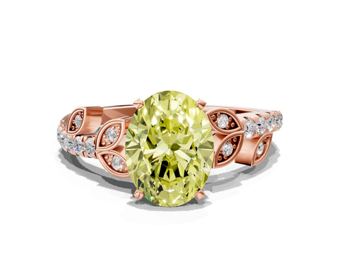 Rose gold Fancy Yellow Oval Cut Solitaire Leaf-Inspired Diamond Ring with Pavé Band and Four-Prong Setting