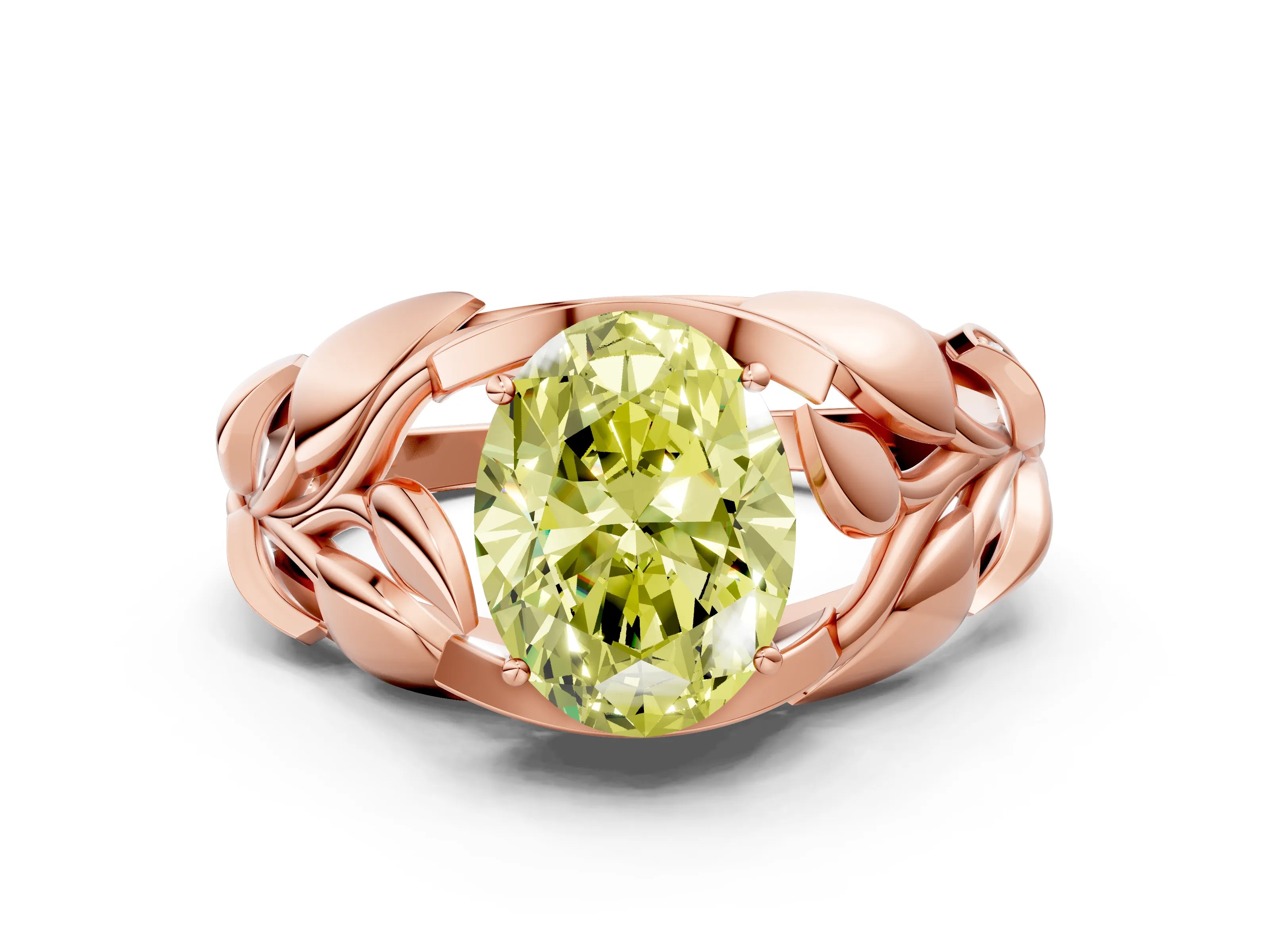 Rose gold Fancy Yellow Oval Cut Solitaire Leaf-Inspired Engagement Ring with Prong Setting