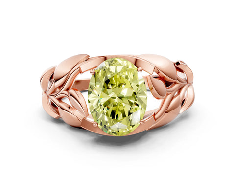 Rose gold Fancy Yellow Oval Cut Solitaire Leaf-Inspired Engagement Ring with Prong Setting