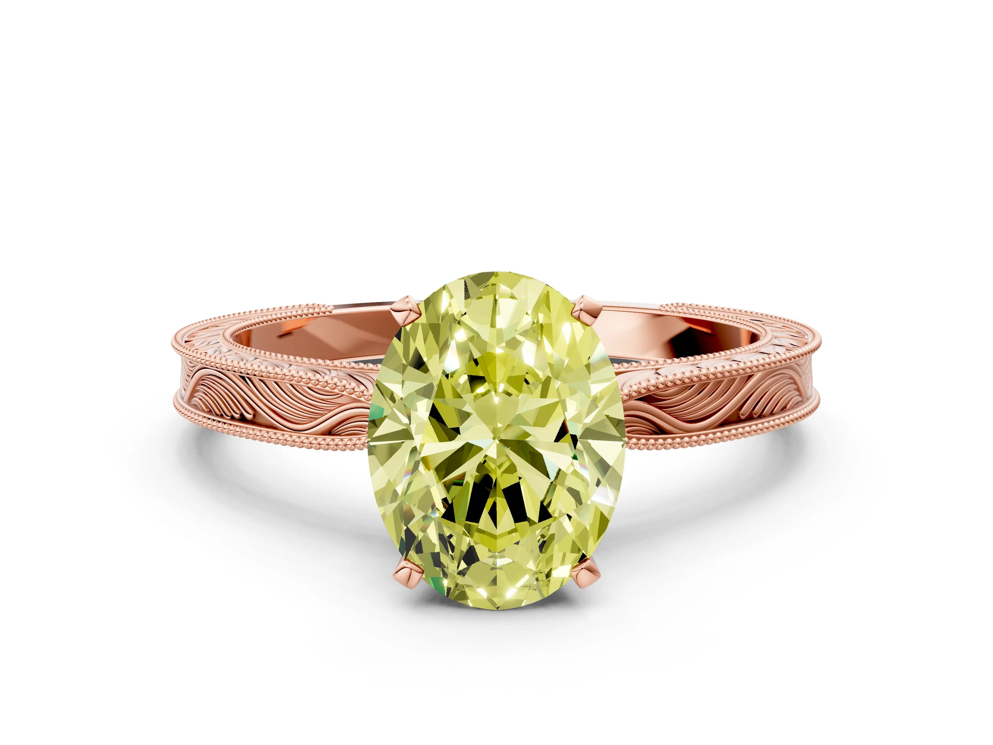 Rose gold Fancy Yellow Oval Cut Solitaire Milgrain Engraved Band with Four-Prong Setting