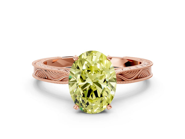 Rose Gold Oval Solitaire Engagement Ring Setting for Fancy Yellow Center with Engraved Band