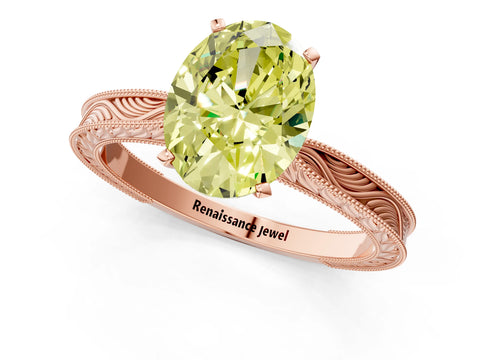 Rose gold Fancy Yellow Oval Cut Solitaire Milgrain Engraved Band with Four-Prong Setting_1