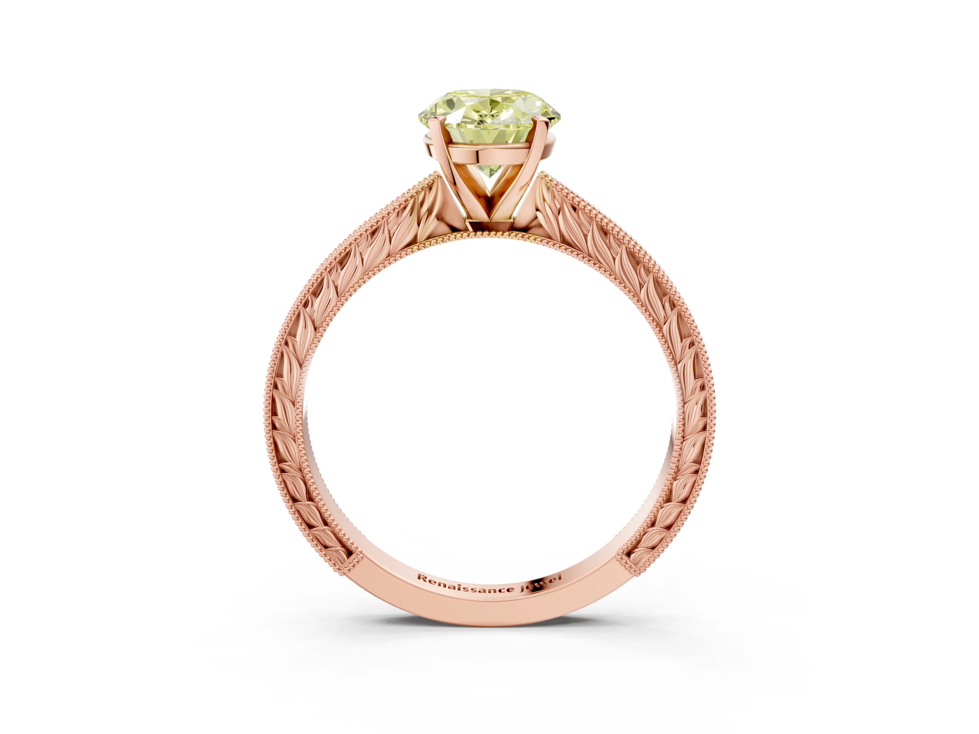 Rose gold Fancy Yellow Oval Cut Solitaire Milgrain Engraved Band with Four-Prong Setting_3