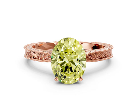 Rose gold Fancy Yellow Oval Cut Solitaire Milgrain Engraved Band with Four-Prong Setting