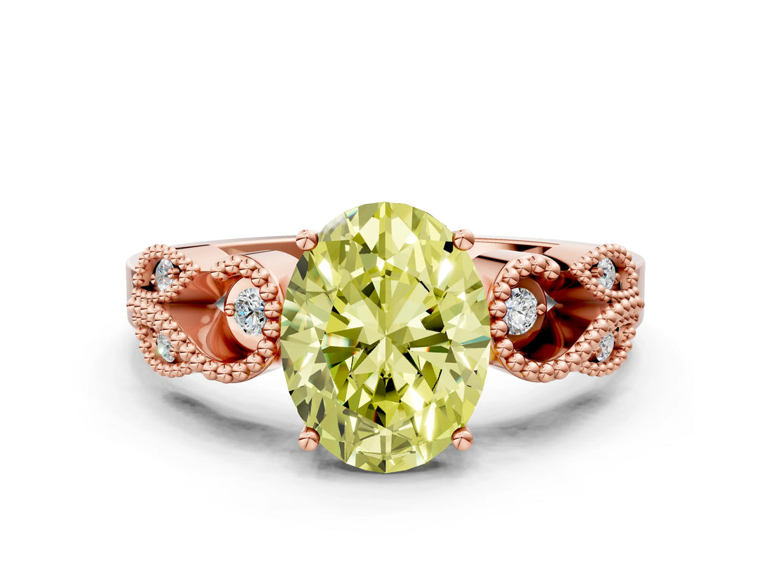 Rose gold Fancy Yellow Oval Cut Solitaire Milgrain Leaf Band with Prong Setting