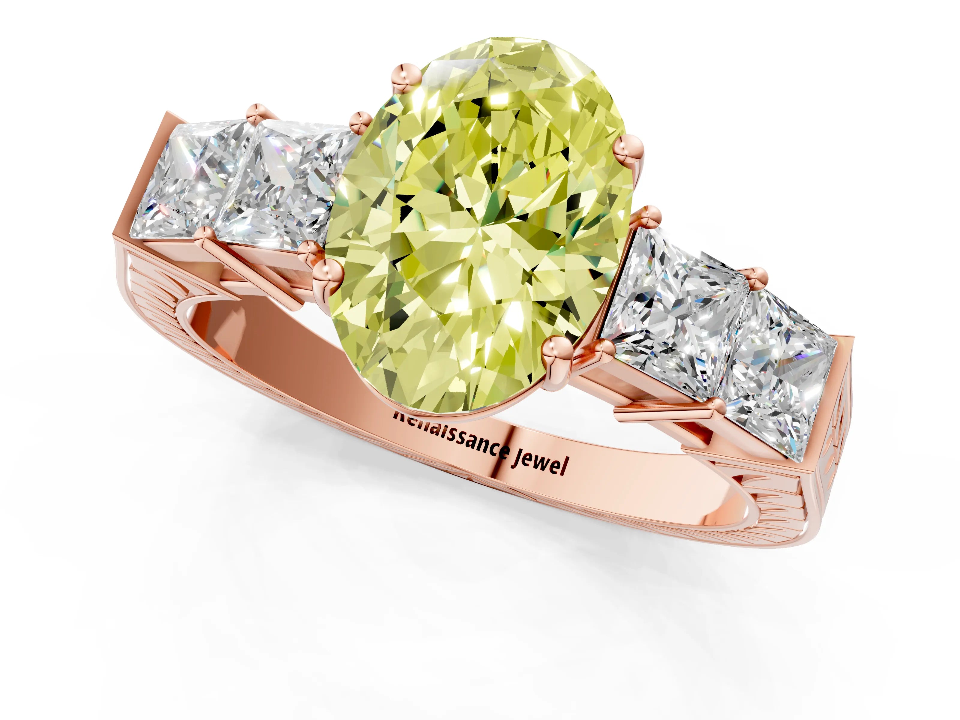 Rose gold Fancy Yellow Oval Cut Solitaire Princess Side Stone Engraved Band Prong Setting Ring_1