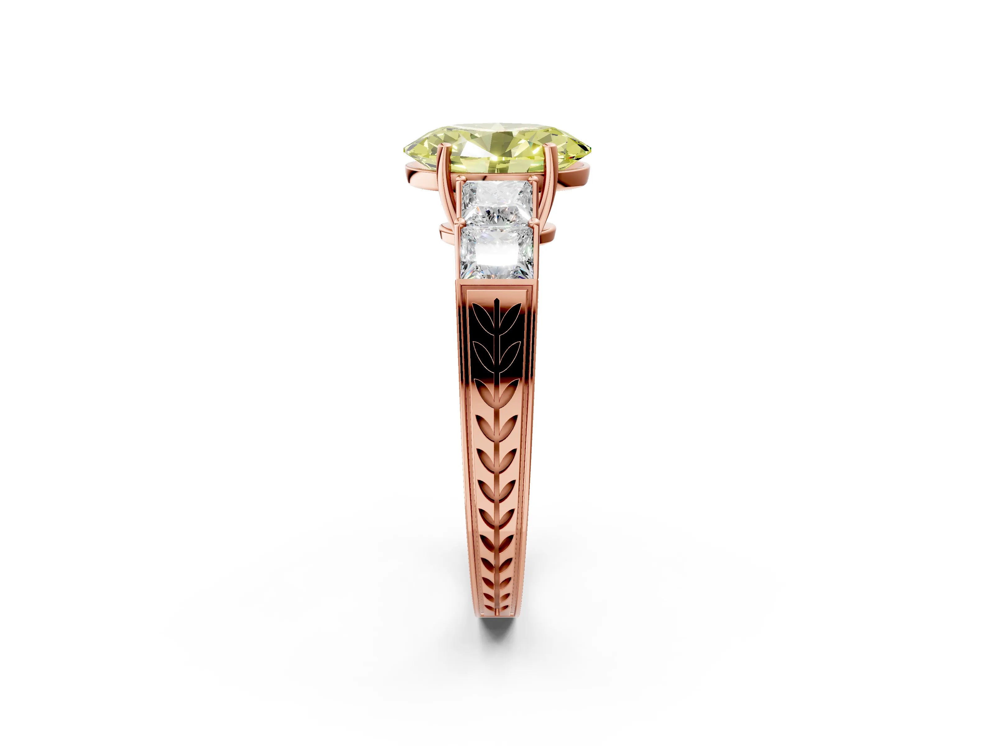 Rose gold Fancy Yellow Oval Cut Solitaire Princess Side Stone Engraved Band Prong Setting Ring_2