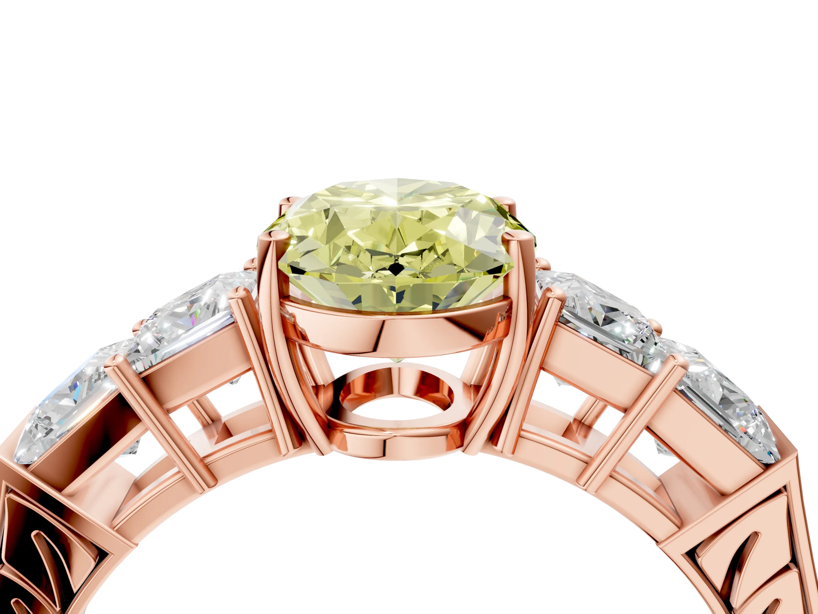 Rose gold Fancy Yellow Oval Cut Solitaire Princess Side Stone Engraved Band Prong Setting Ring_4