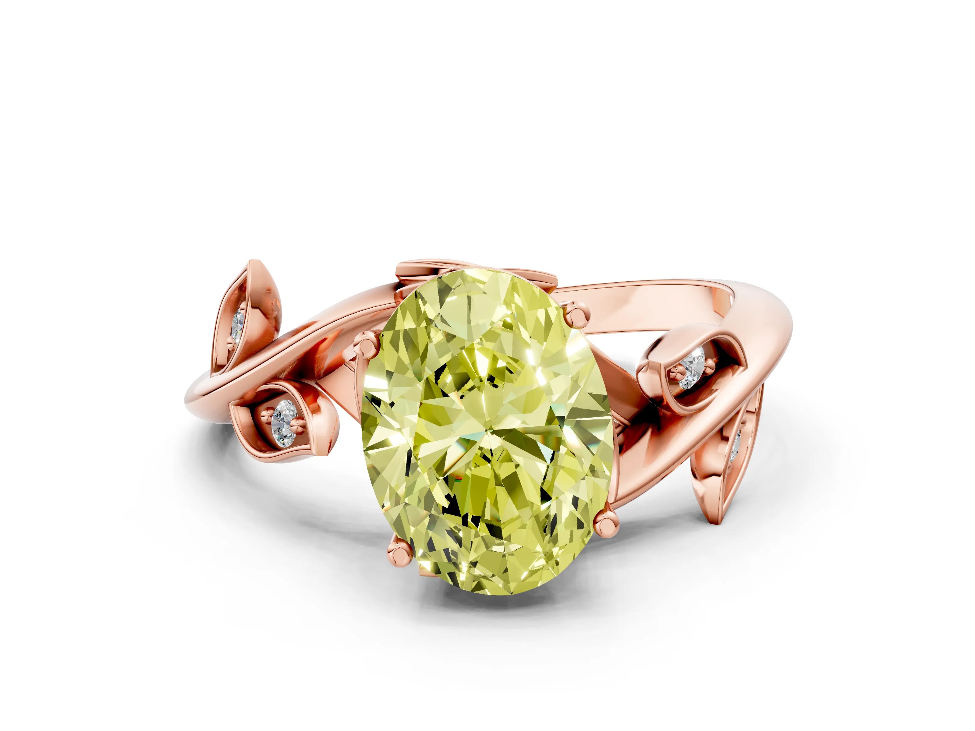 Rose gold Fancy Yellow Oval Cut Solitaire Twist Engagement Ring with Leaf Accents and Prong Setting_12