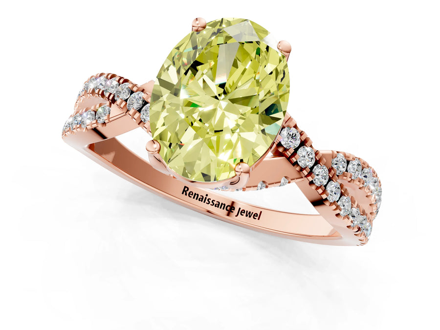 Rose gold Fancy Yellow Oval Cut Solitaire Twist Pave Diamond Engagement Ring with Prong Setting
