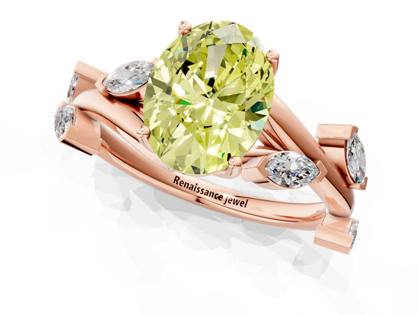 Rose gold Fancy Yellow Oval Cut Solitaire Twisted Band Marquise Accent Prong Setting Ring