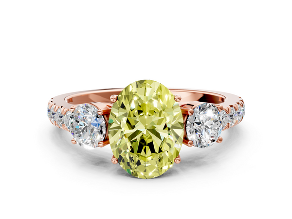 Rose gold Fancy Yellow Oval  Cut Diamond Three-Stone Ring with Round Side Stones and Pavé Band