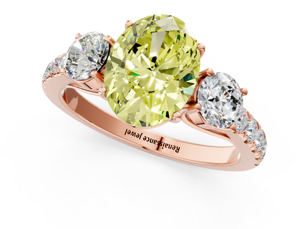 Rose gold Fancy Yellow Oval  Cut Diamond Three-Stone Ring with Round Side Stones and Pavé Band