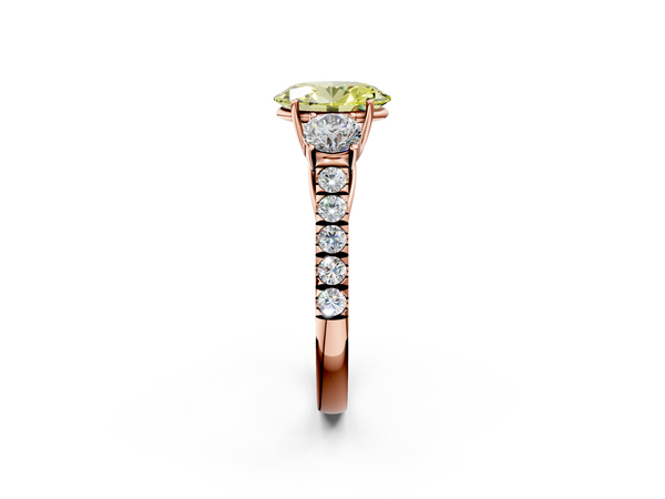 Rose gold Fancy Yellow Oval  Cut Diamond Three-Stone Ring with Round Side Stones and Pavé Band