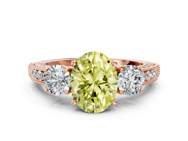 Rose gold Fancy Yellow Oval Cut Three-Stone Diamond Ring with Pavé Band and Four-Prong Setting