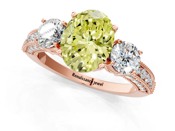 Rose gold Fancy Yellow Oval Cut Three-Stone Diamond Ring with Pavé Band and Four-Prong Setting
