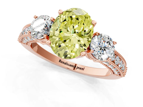 Rose gold Fancy Yellow Oval Cut Three-Stone Diamond Ring with Pavé Band and Four-Prong Setting_1
