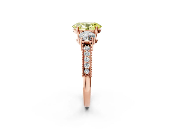 Rose gold Fancy Yellow Oval Cut Three-Stone Diamond Ring with Pavé Band and Four-Prong Setting