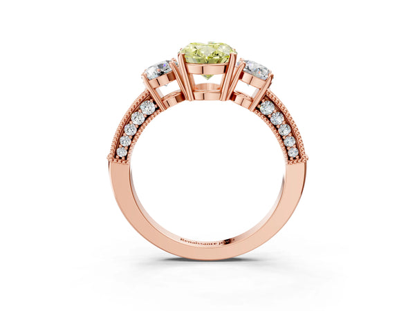 Rose gold Fancy Yellow Oval Cut Three-Stone Diamond Ring with Pavé Band and Four-Prong Setting
