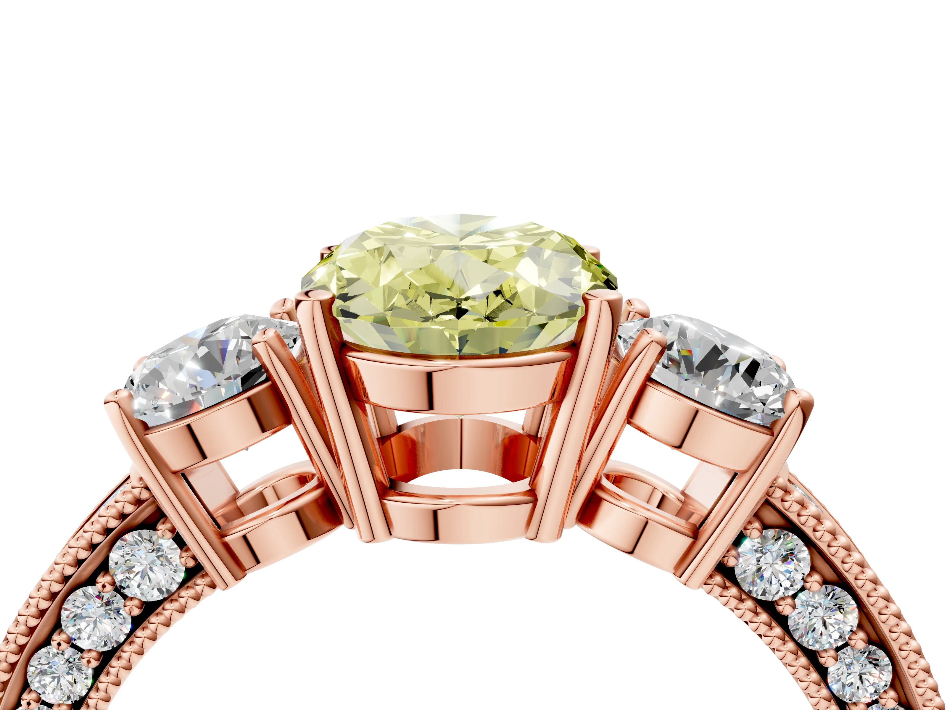 Rose gold Fancy Yellow Oval Cut Three-Stone Diamond Ring with Pavé Band and Four-Prong Setting_4