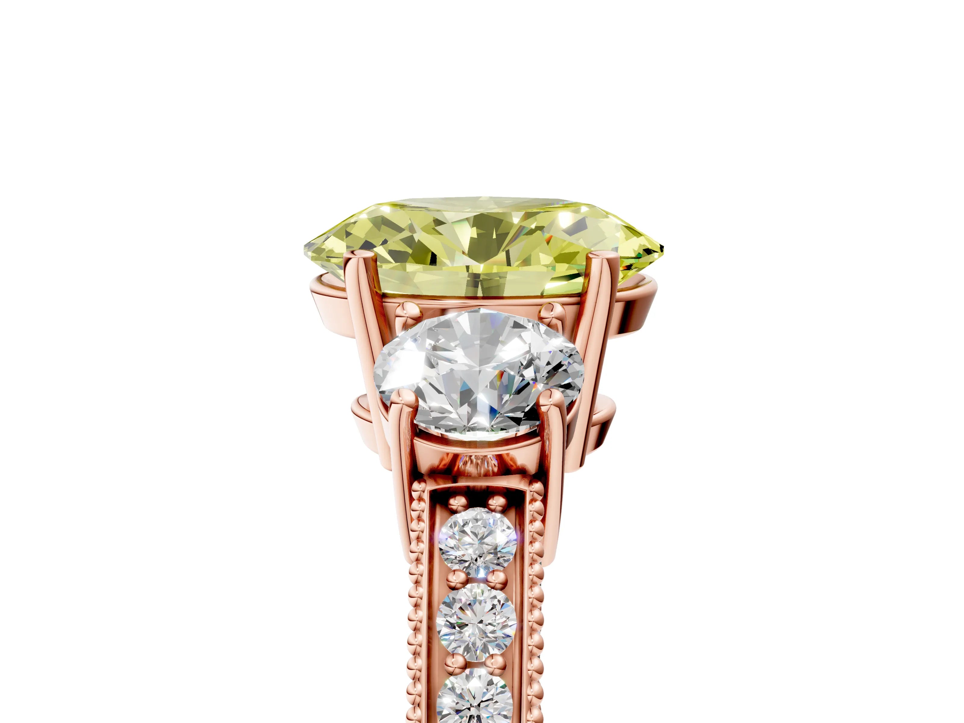 Rose gold Fancy Yellow Oval Cut Three-Stone Diamond Ring with Pavé Band and Four-Prong Setting_5