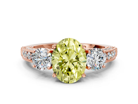 Rose gold Fancy Yellow Oval Cut Three-Stone Diamond Ring with Pavé Band and Four-Prong Setting