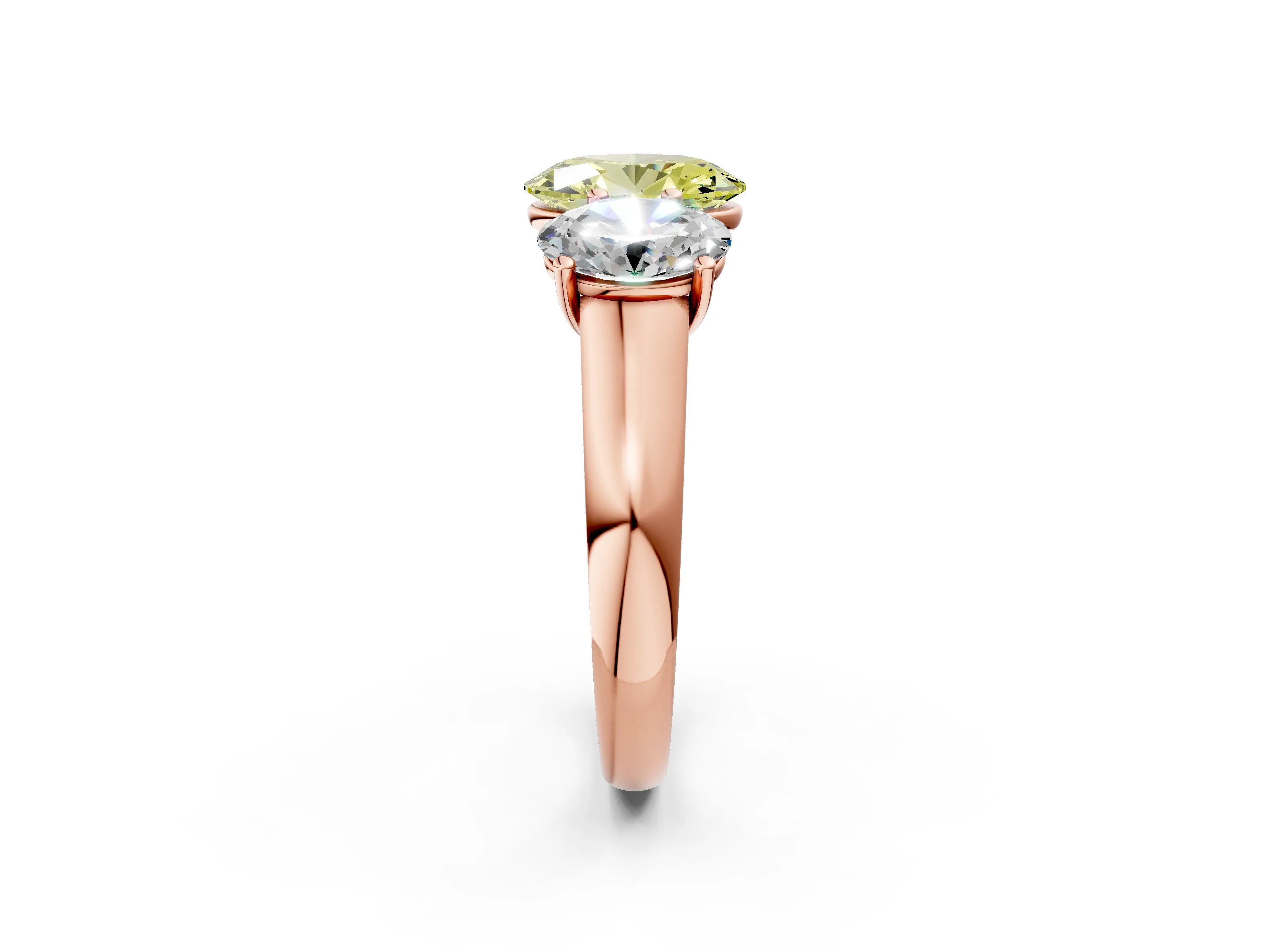 Rose gold Fancy Yellow Oval Cut Three-Stone Diamond Ring with Prong Setting on a Classic Band_2