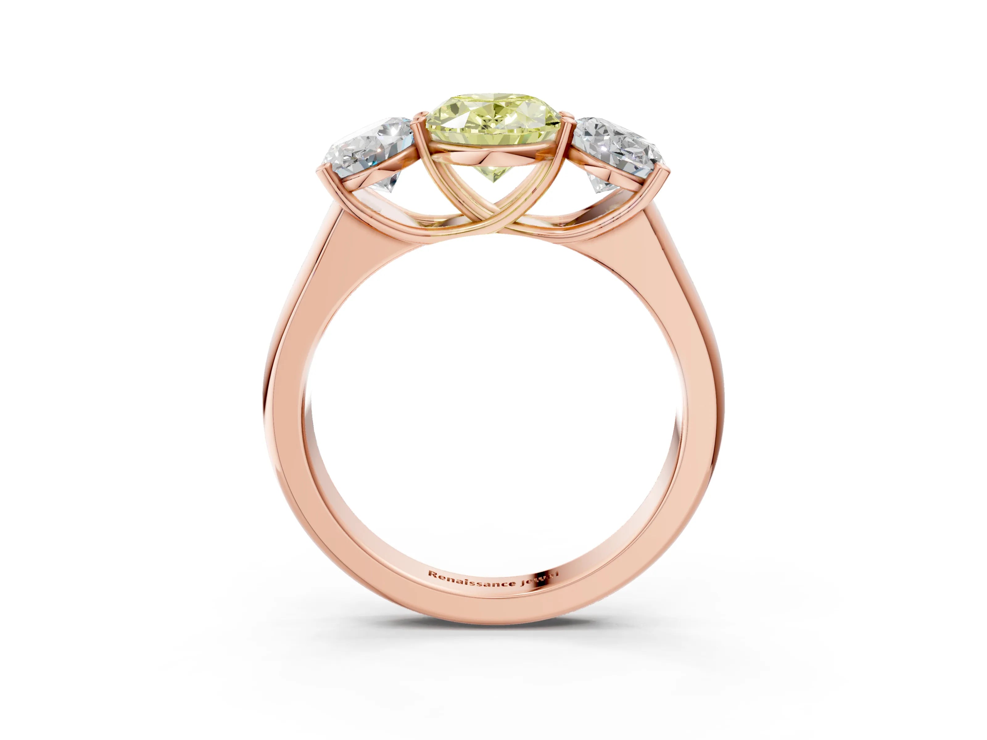 Rose gold Fancy Yellow Oval Cut Three-Stone Diamond Ring with Prong Setting on a Classic Band_3