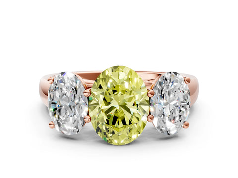 Rose gold Fancy Yellow Oval Cut Three-Stone Diamond Ring with Prong Setting on a Classic Band
