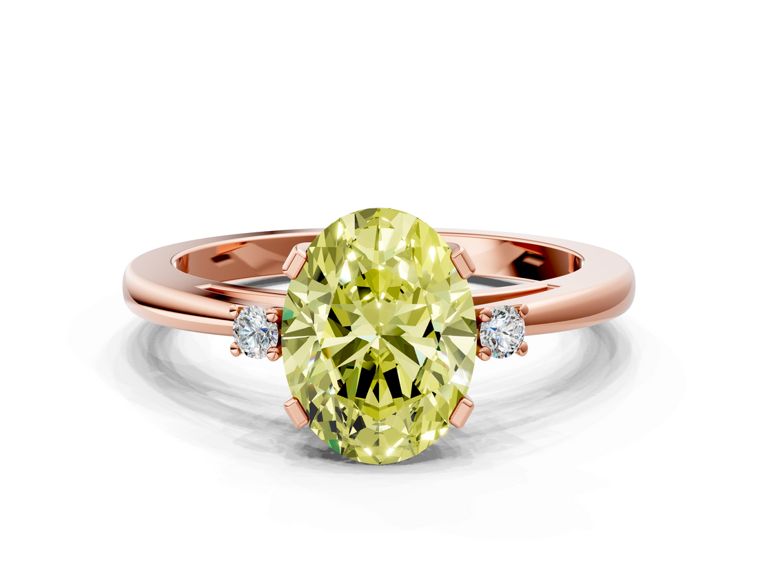Rose gold Fancy Yellow Oval  Cut Three-Stone Solitaire Ring with Round Accent Diamonds and Four-Prong Setting_20