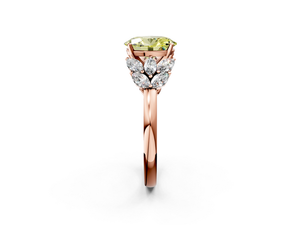Rose Gold Oval Cluster Leaf Engagement Ring Setting for Fancy Yellow Center with Marquise Accents
