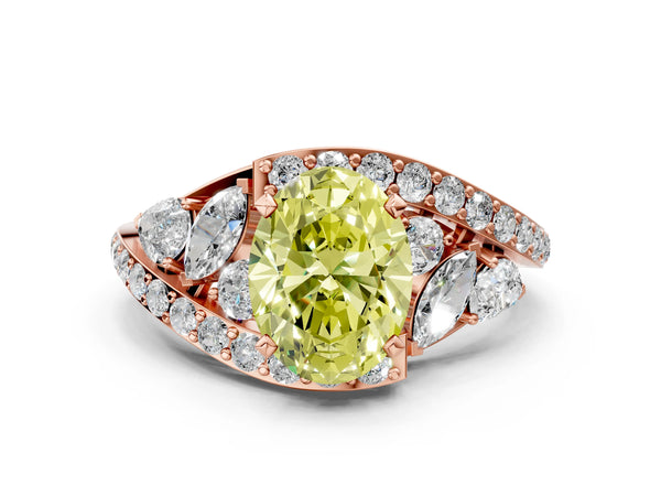 Rose gold Fancy Yellow Oval  Diamond Halo Ring with Marquise and Pavé Band in Prong Setting