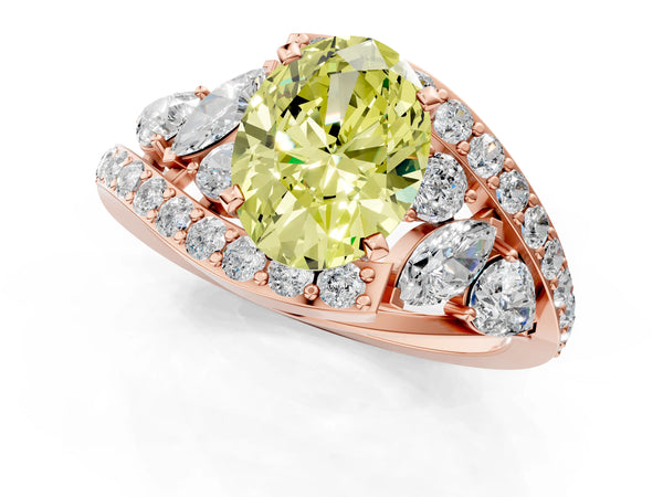 Rose gold Fancy Yellow Oval  Diamond Halo Ring with Marquise and Pavé Band in Prong Setting