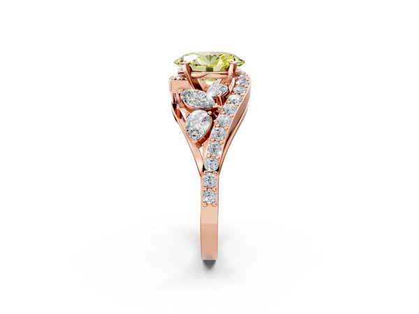 Rose gold Fancy Yellow Oval  Diamond Halo Ring with Marquise and Pavé Band in Prong Setting