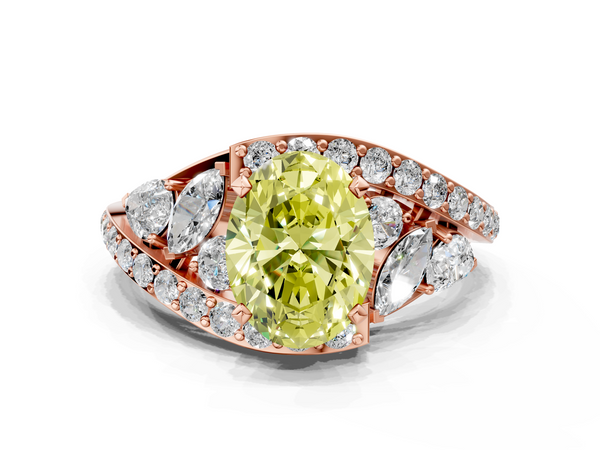 Rose gold Fancy Yellow Oval  Diamond Halo Ring with Marquise and Pavé Band in Prong Setting