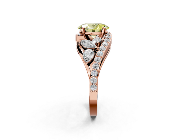Rose gold Fancy Yellow Oval  Diamond Halo Ring with Marquise and Pavé Band in Prong Setting