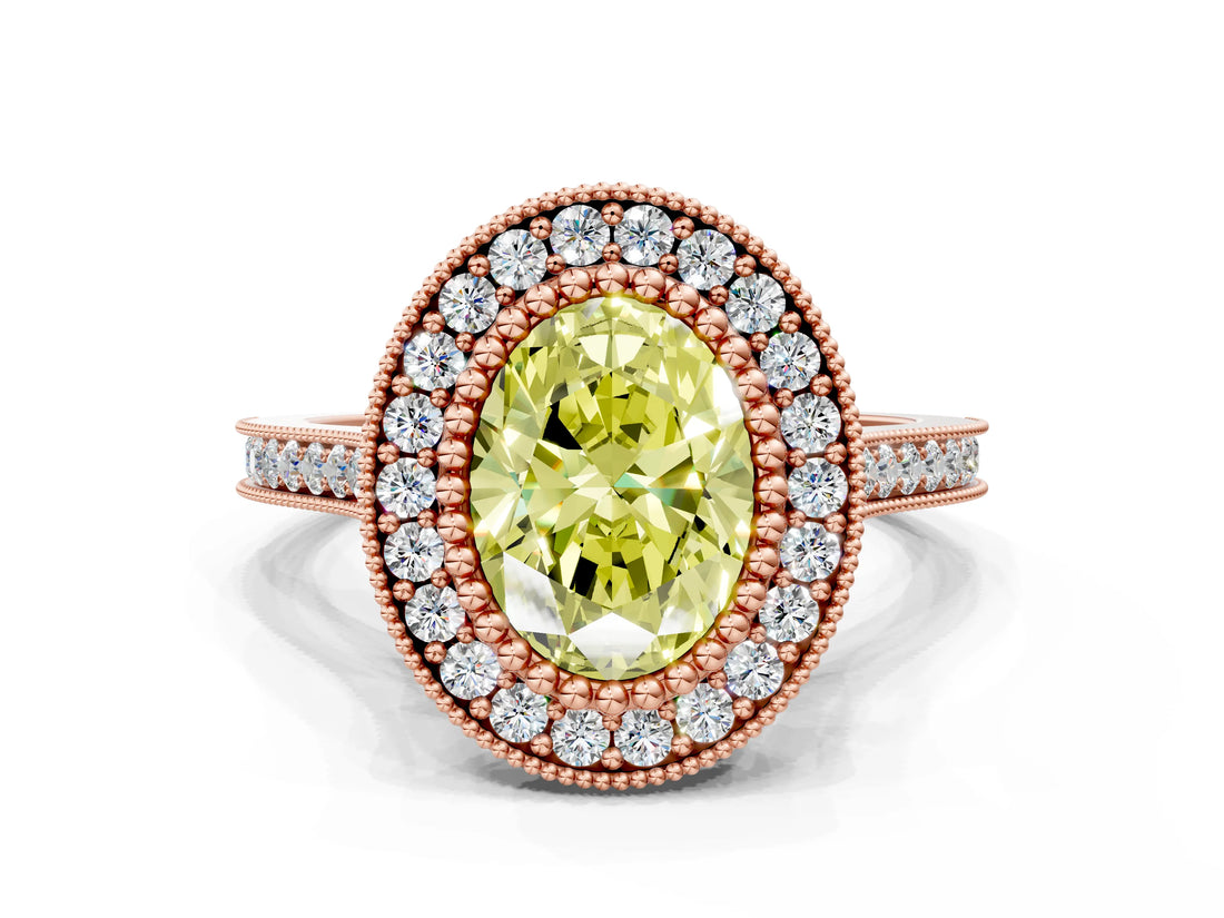 Rose gold Fancy Yellow Oval  Diamond Halo Ring with Milgrain Frame and Pavé Band_58