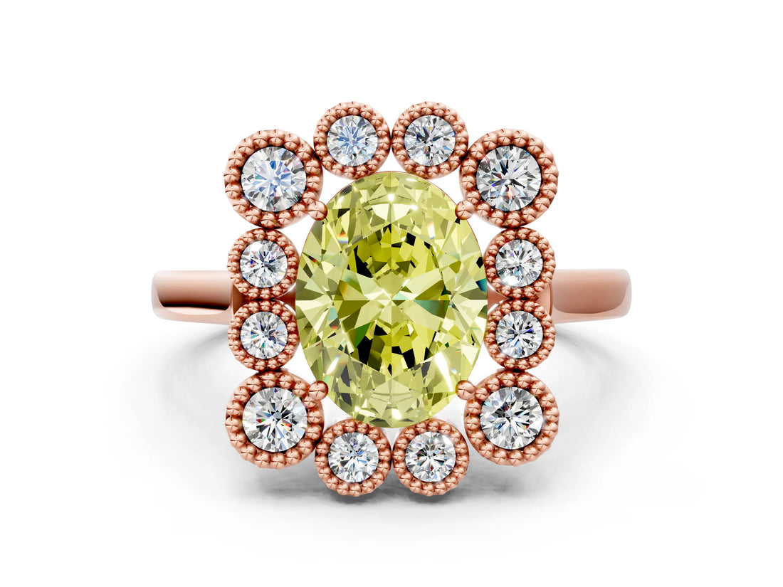 Rose gold Fancy Yellow Oval  Halo Diamond Cluster Engagement Ring with Milgrain Bezel Setting and Solitaire Band_27